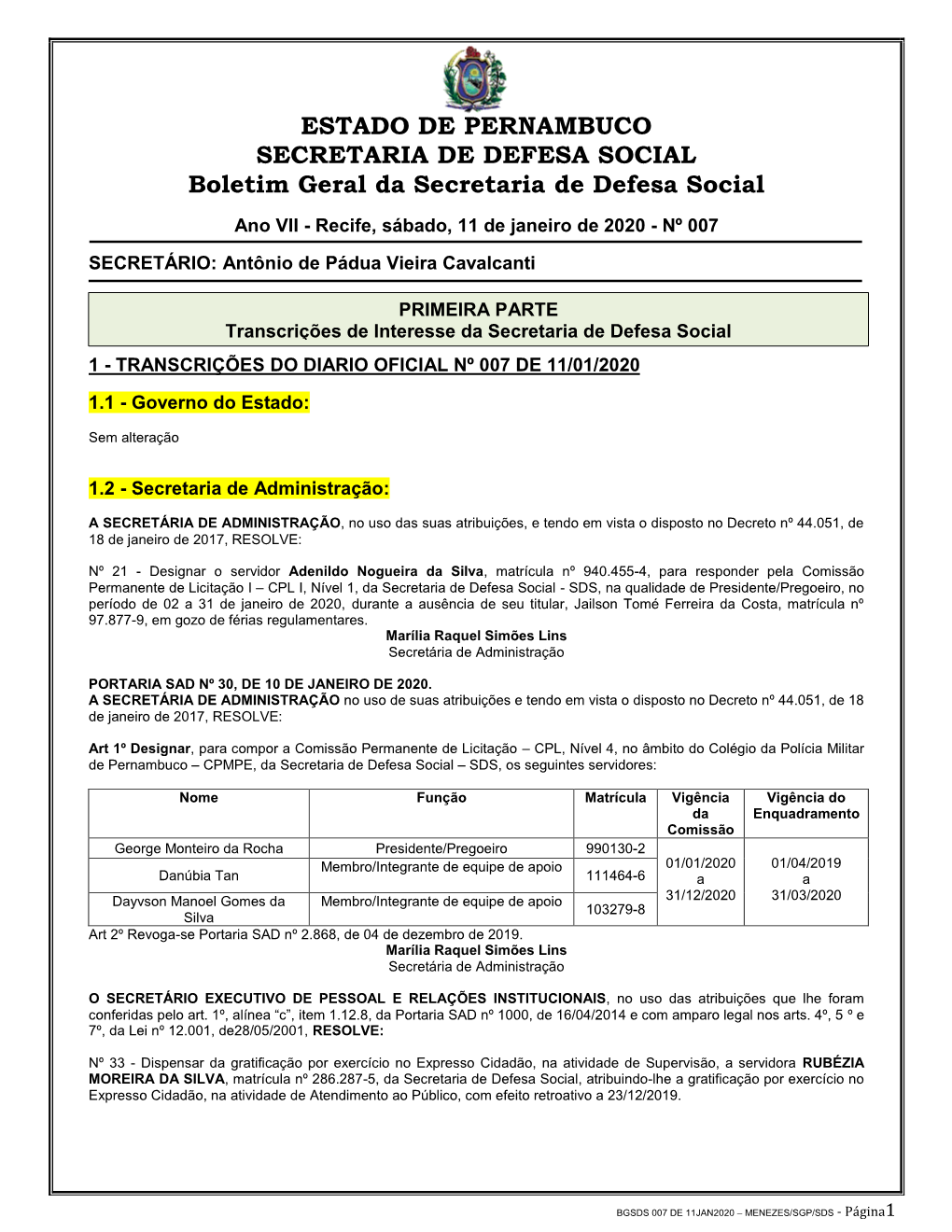 ESTADO DE PERNAMBUCO SECRETARIA DE DEFESA SOCIAL Boletim Geral Da Secretaria De Defesa Social