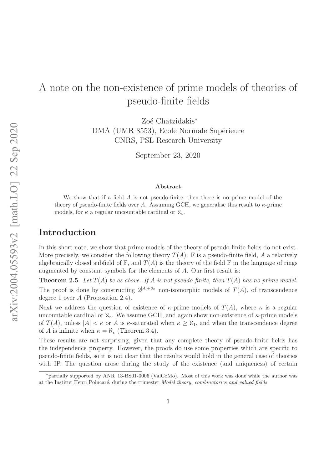 A Note on the Non-Existence of Prime Models of Theories of Pseudo-Finite