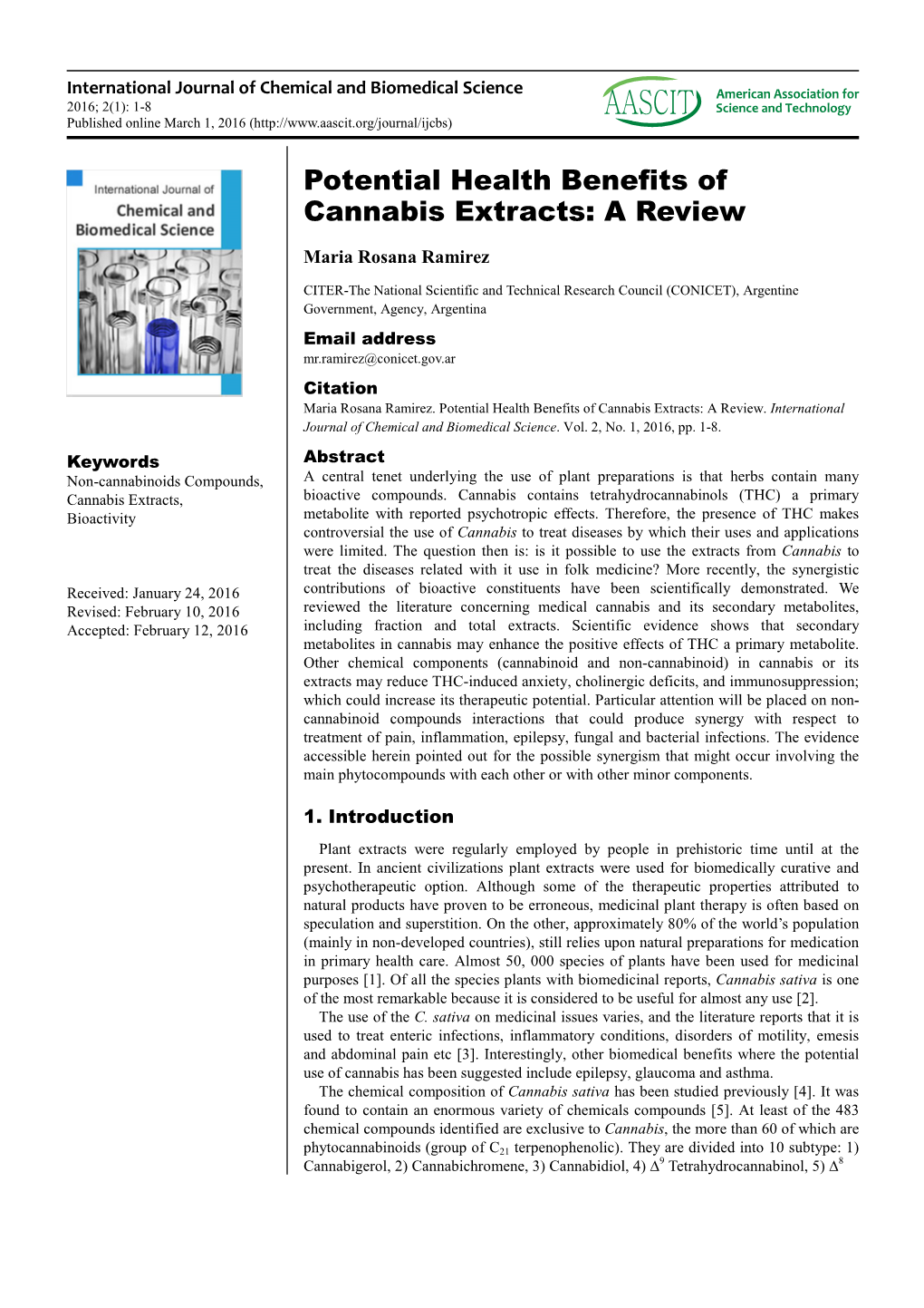 Potential Health Benefits of Cannabis Extracts: a Review Maria Rosana Ramirez