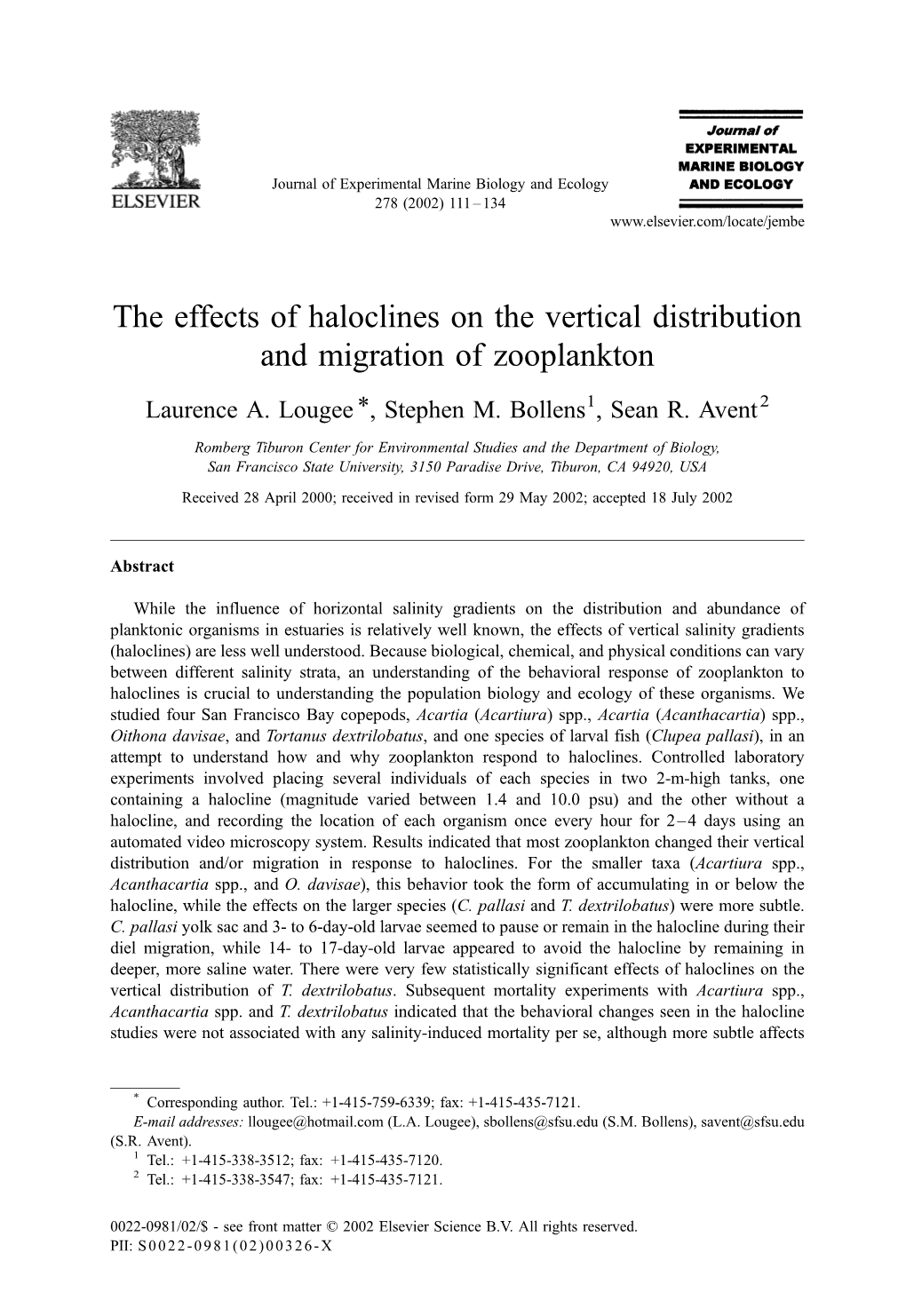 The Effects of Haloclines on the Vertical Distribution and Migration of Zooplankton