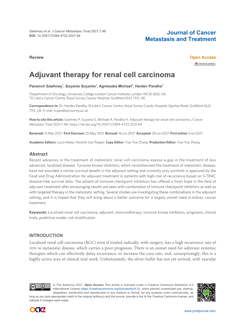 Adjuvant Therapy for Renal Cell Carcinoma