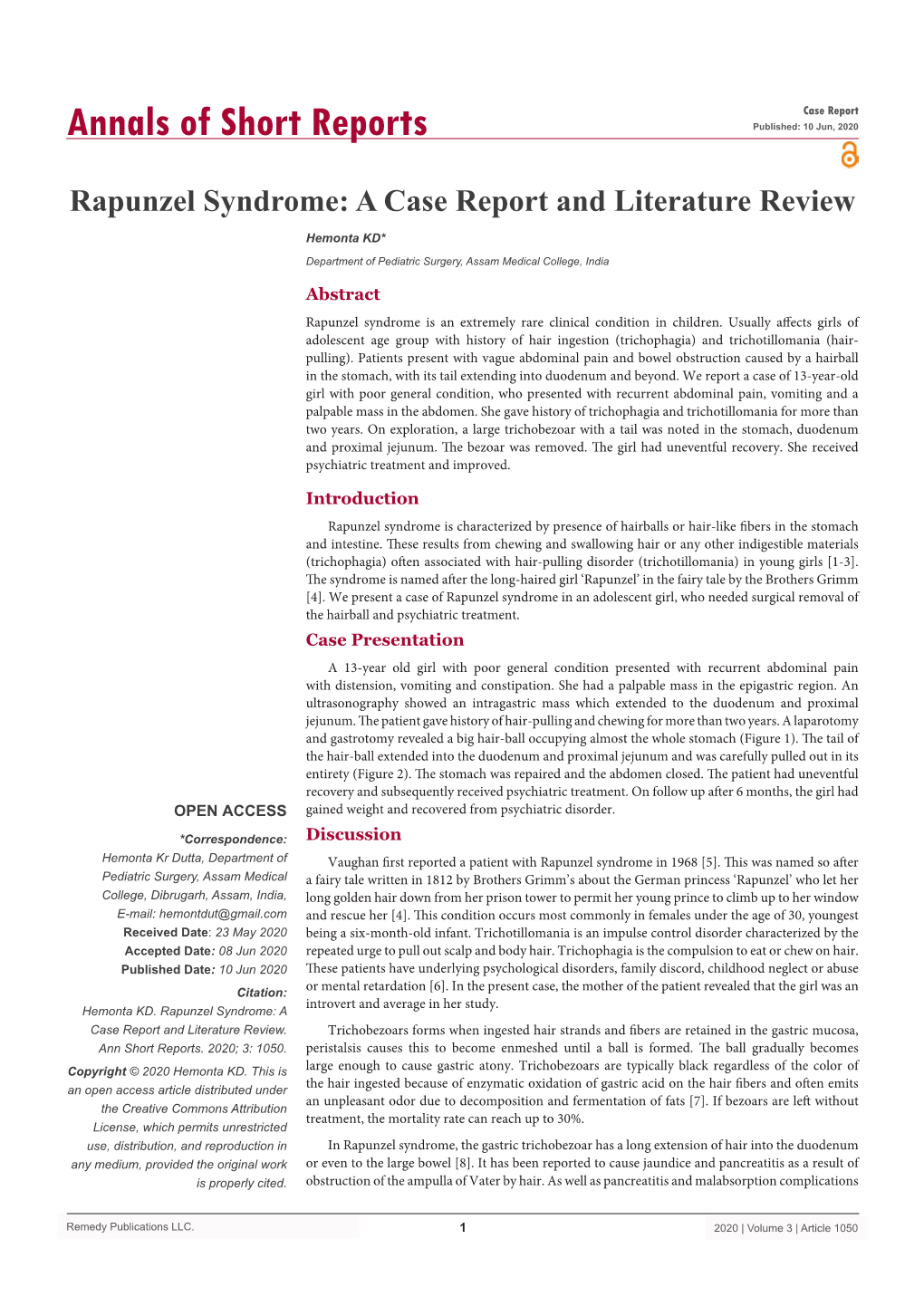 Rapunzel Syndrome: a Case Report and Literature Review