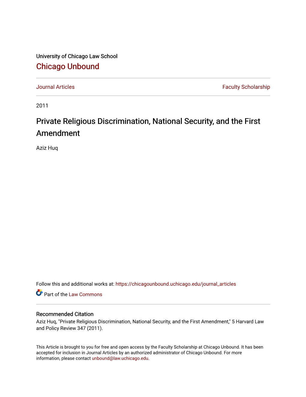 Private Religious Discrimination, National Security, and the First Amendment