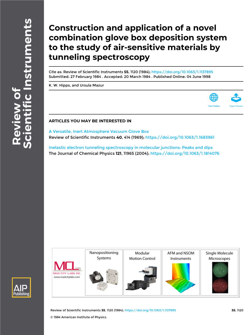 Construction and Application of a Novel Combination Glove Box Deposition System to the Study of Air-Sensitive Materials by Tunneling Spectroscopy