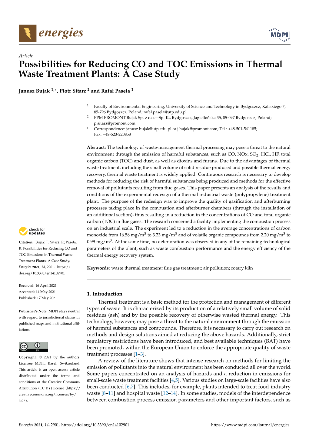 Possibilities for Reducing CO and TOC Emissions in Thermal Waste Treatment Plants: a Case Study