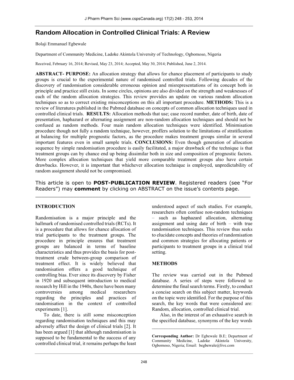 Random Allocation in Controlled Clinical Trials: a Review