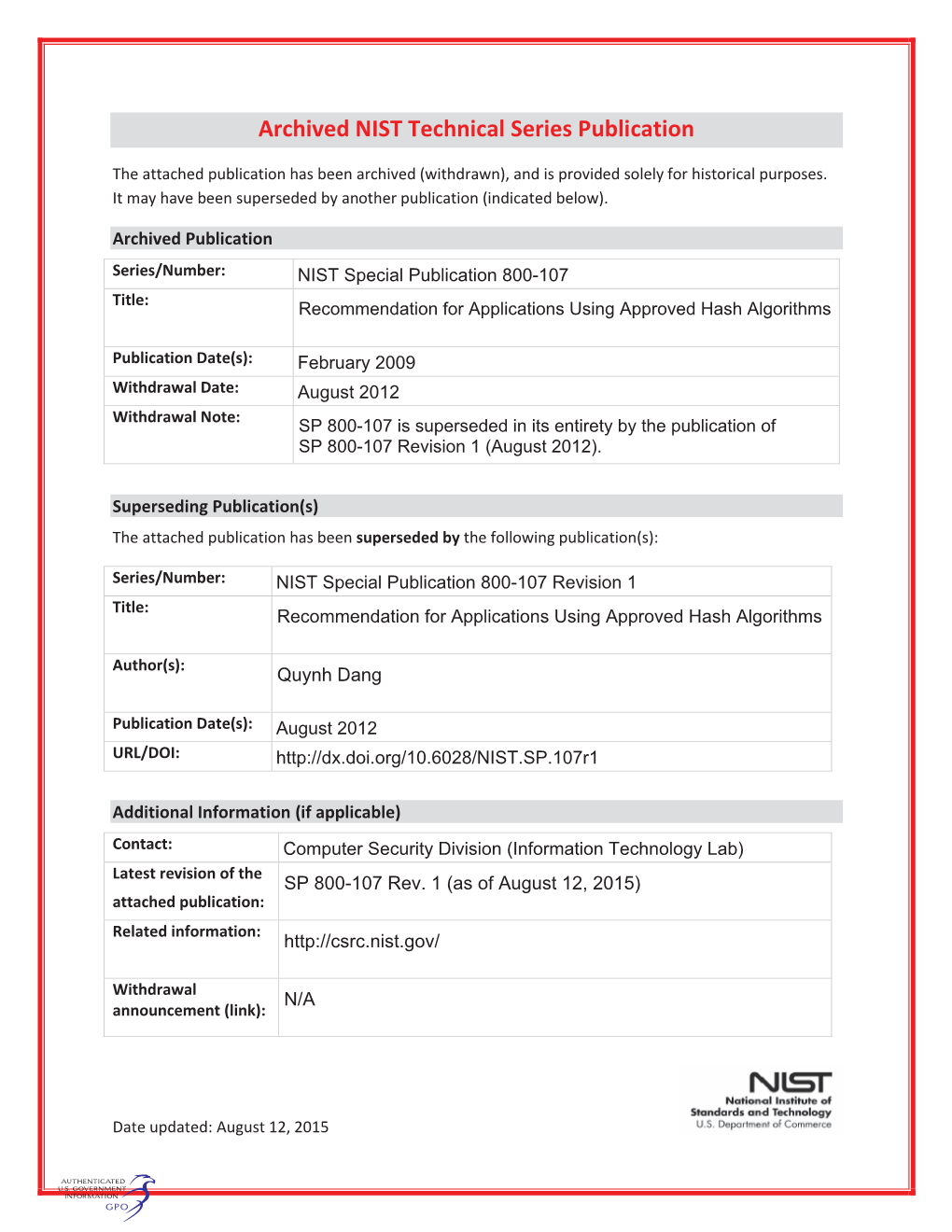 Recommendation for Applications Using Approved Hash Algorithms