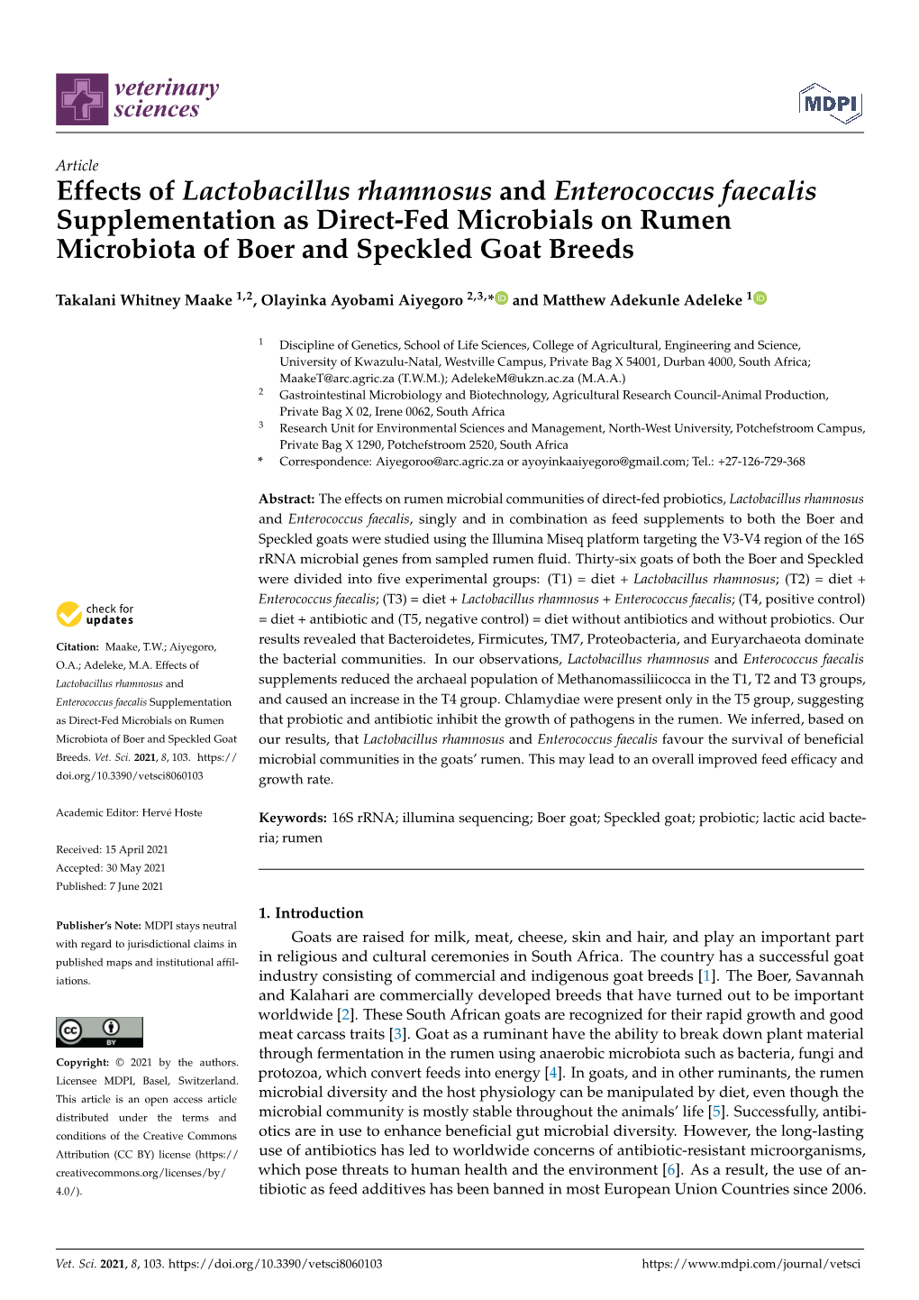 Effects of Lactobacillus Rhamnosus and Enterococcus Faecalis Supplementation As Direct-Fed Microbials on Rumen Microbiota of Boer and Speckled Goat Breeds