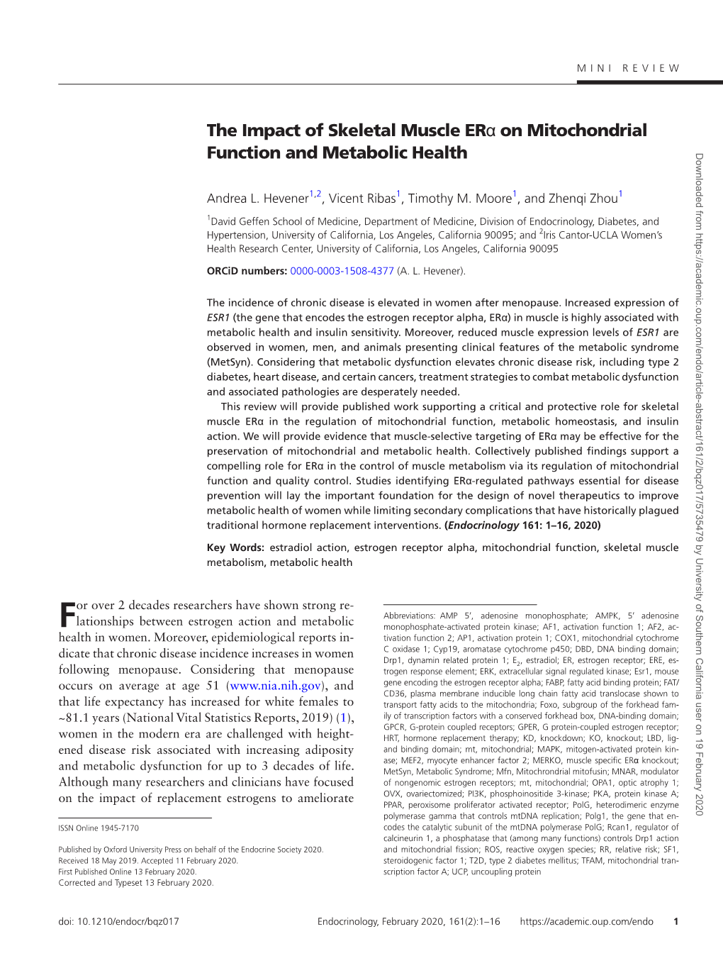 The Impact of Skeletal Muscle Erα on Mitochondrial Function And