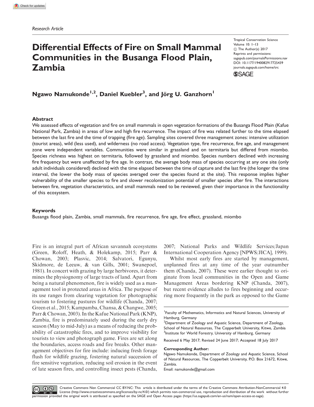 Differential Effects of Fire on Small Mammal Communities in the Busanga Flood Plain, Zambia