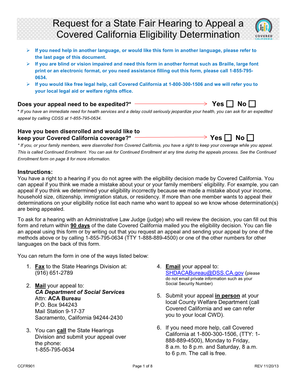 Request for a State Fair Hearing to Appeal a Covered California Eligibility Determination