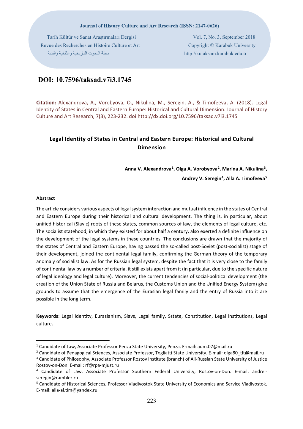 Legal Identity of States in Central and Eastern Europe: Historical and Cultural Dimension