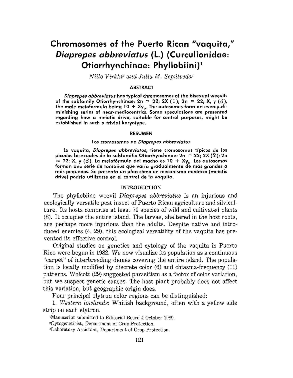 Vaquita," Diaprepes Abbreviates (L.) (Curculionidae: Otiorrhynchinae: Phyllobiini)1 Niilo Virkki2 and Julia M