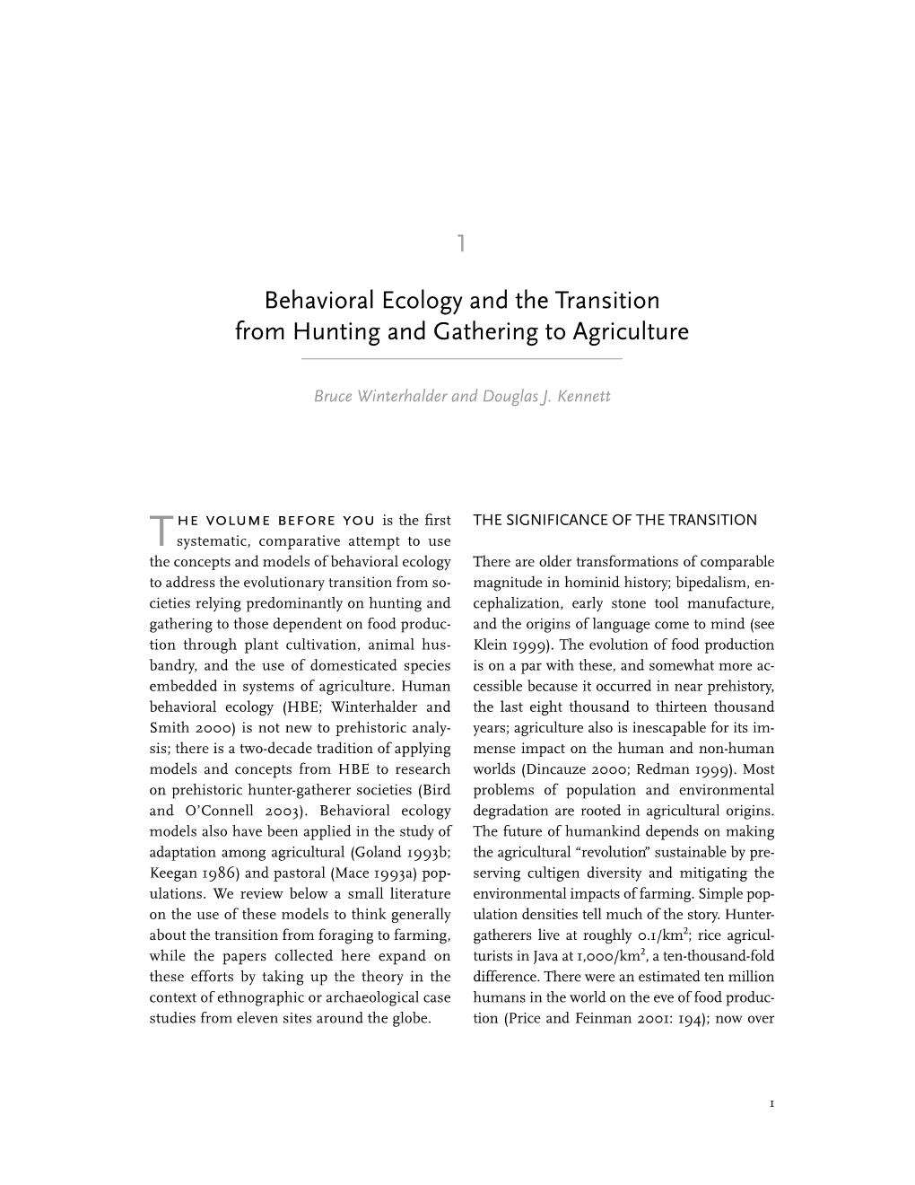 1 Behavioral Ecology and the Transition from Hunting and Gathering to Agriculture