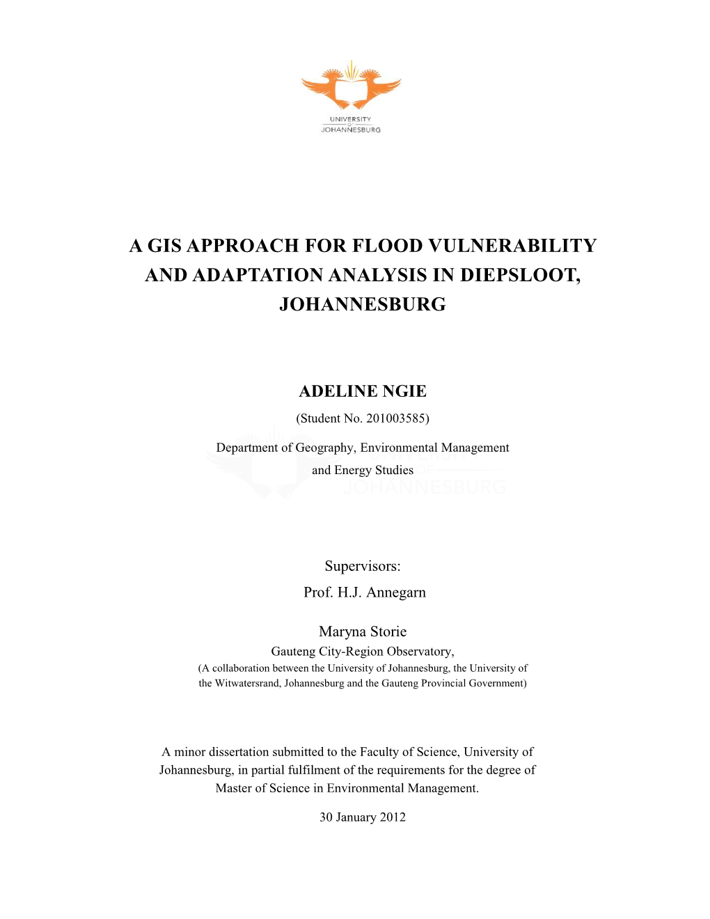 A Gis Approach for Flood Vulnerability and Adaptation Analysis in Diepsloot, Johannesburg