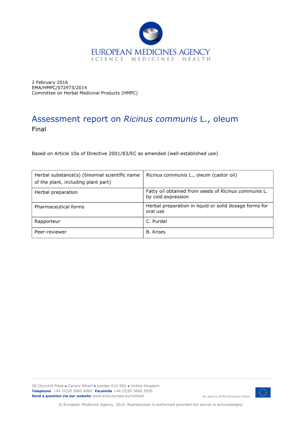 Assessment Report on Ricinus Communis L., Oleum Final