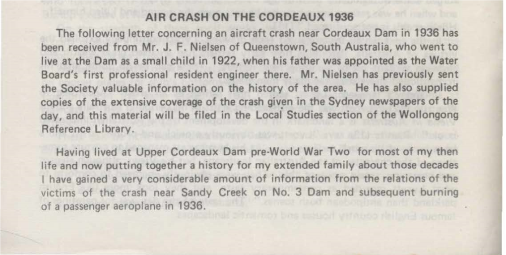 AIR CRASH on the CORDEAUX 1936 the Following Letter Concerning an Aircraft Crash Near Cordeaux Dam in 1936 Has Been Received from Mr