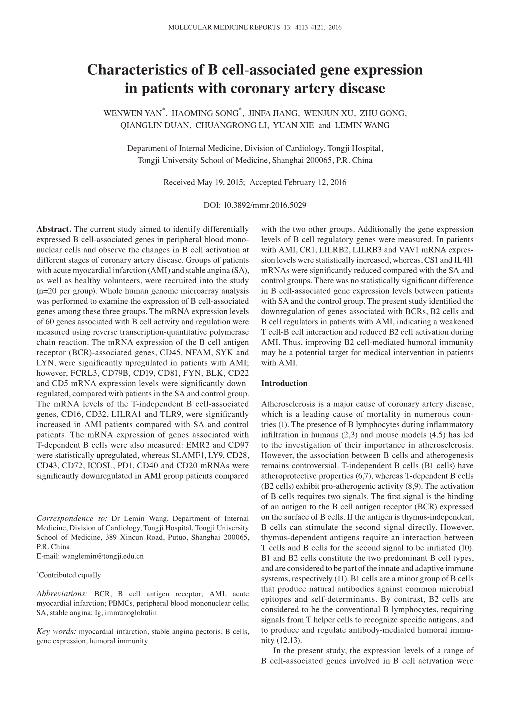 Characteristics of B Cell-Associated Gene Expression in Patients With