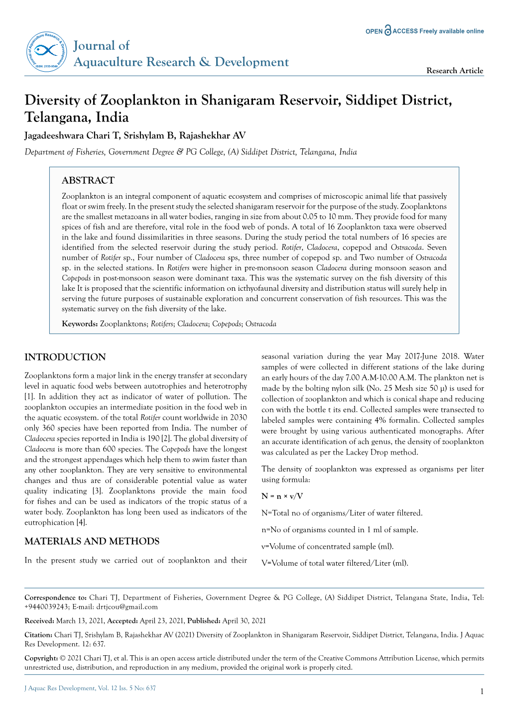 Diversity of Zooplankton in Shanigaram Reservoir, Siddipet