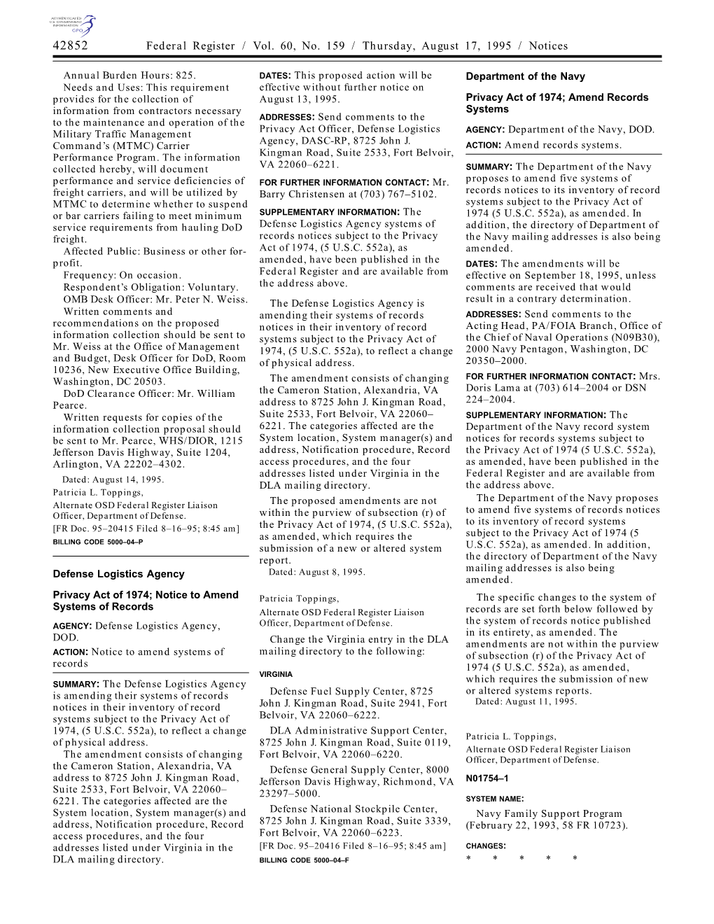 Federal Register / Vol. 60, No. 159 / Thursday, August 17, 1995 / Notices