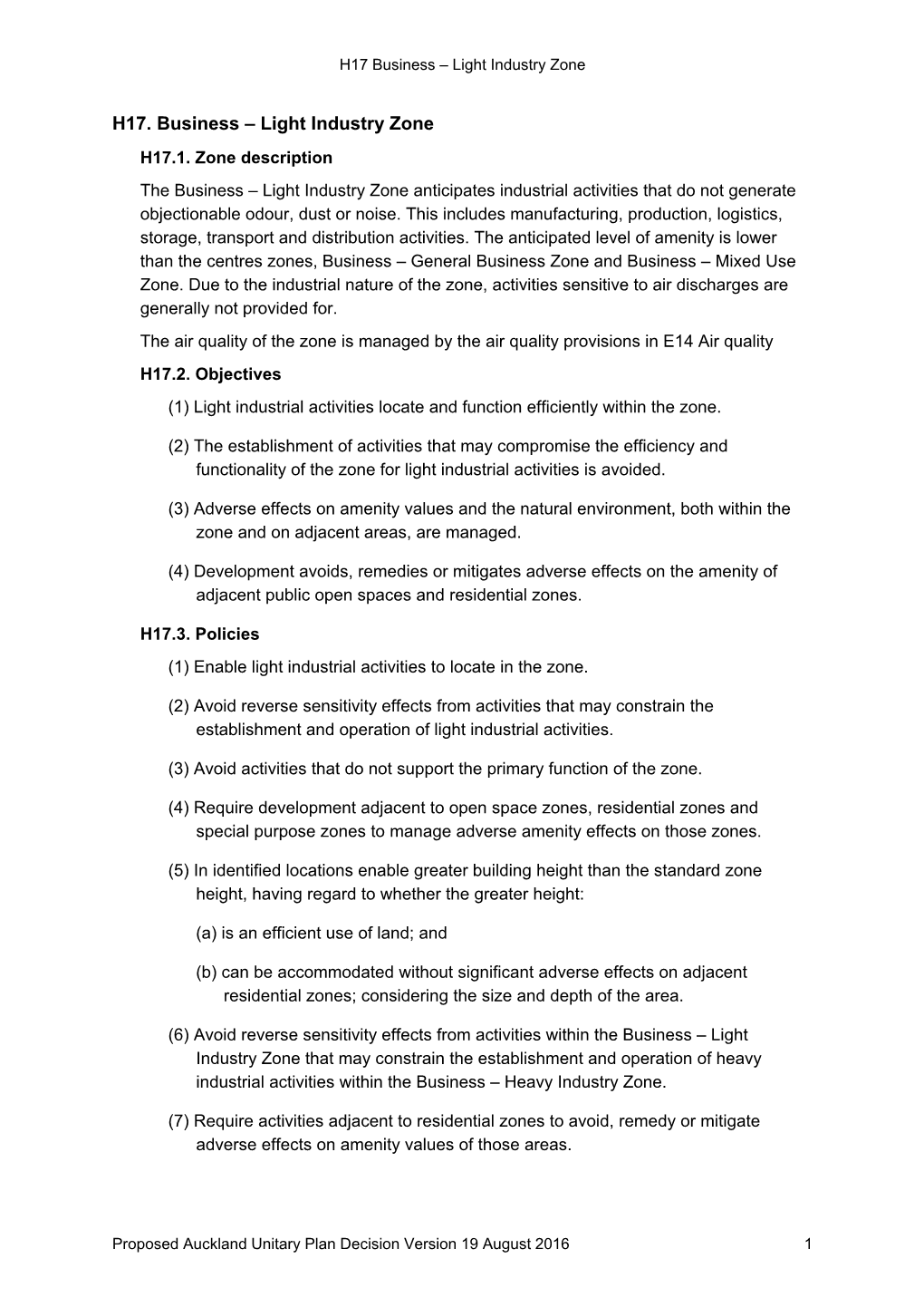 H17. Business – Light Industry Zone H17.1