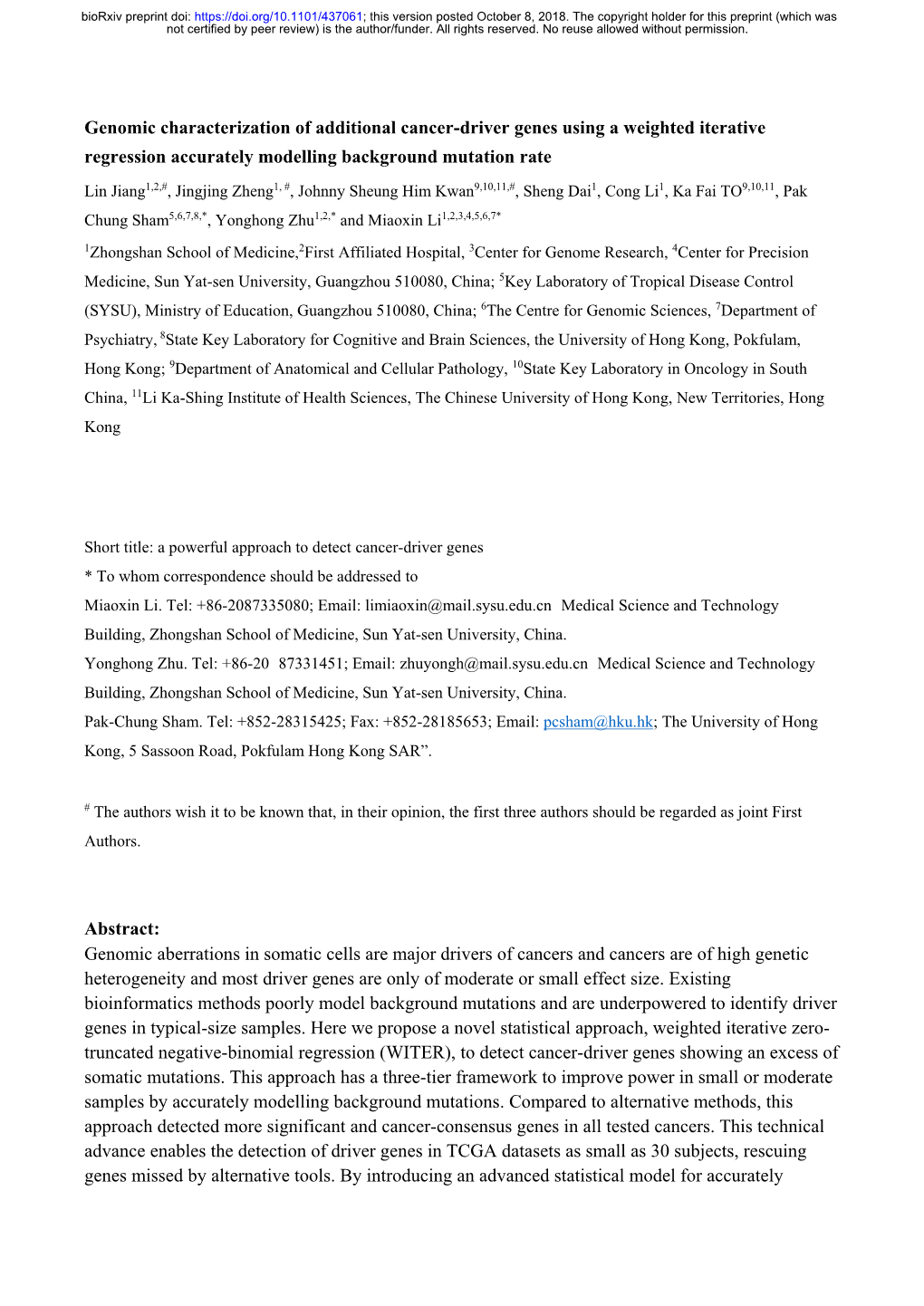 Genomic Characterization of Additional Cancer-Driver Genes Using a Weighted Iterative Regression Accurately Modelling Background Mutation Rate