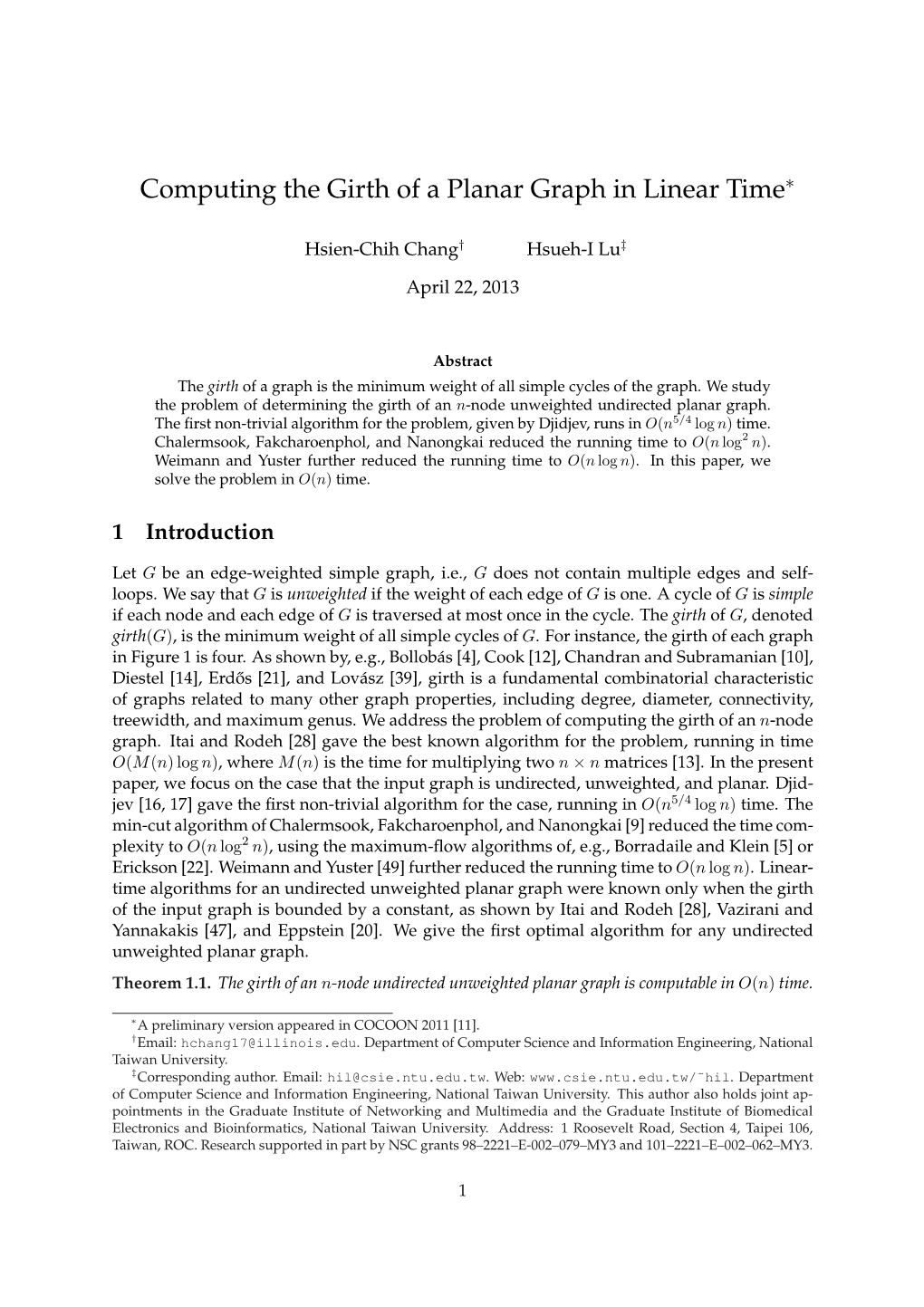 Computing the Girth of a Planar Graph in Linear Time∗