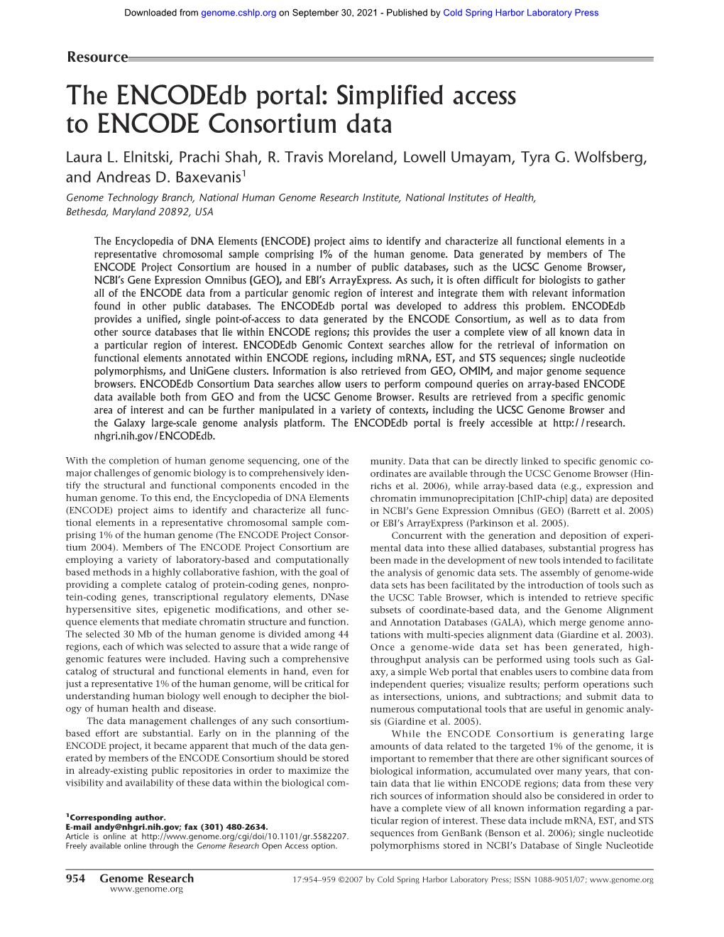 The Encodedb Portal: Simplified Access to ENCODE Consortium Data Laura L