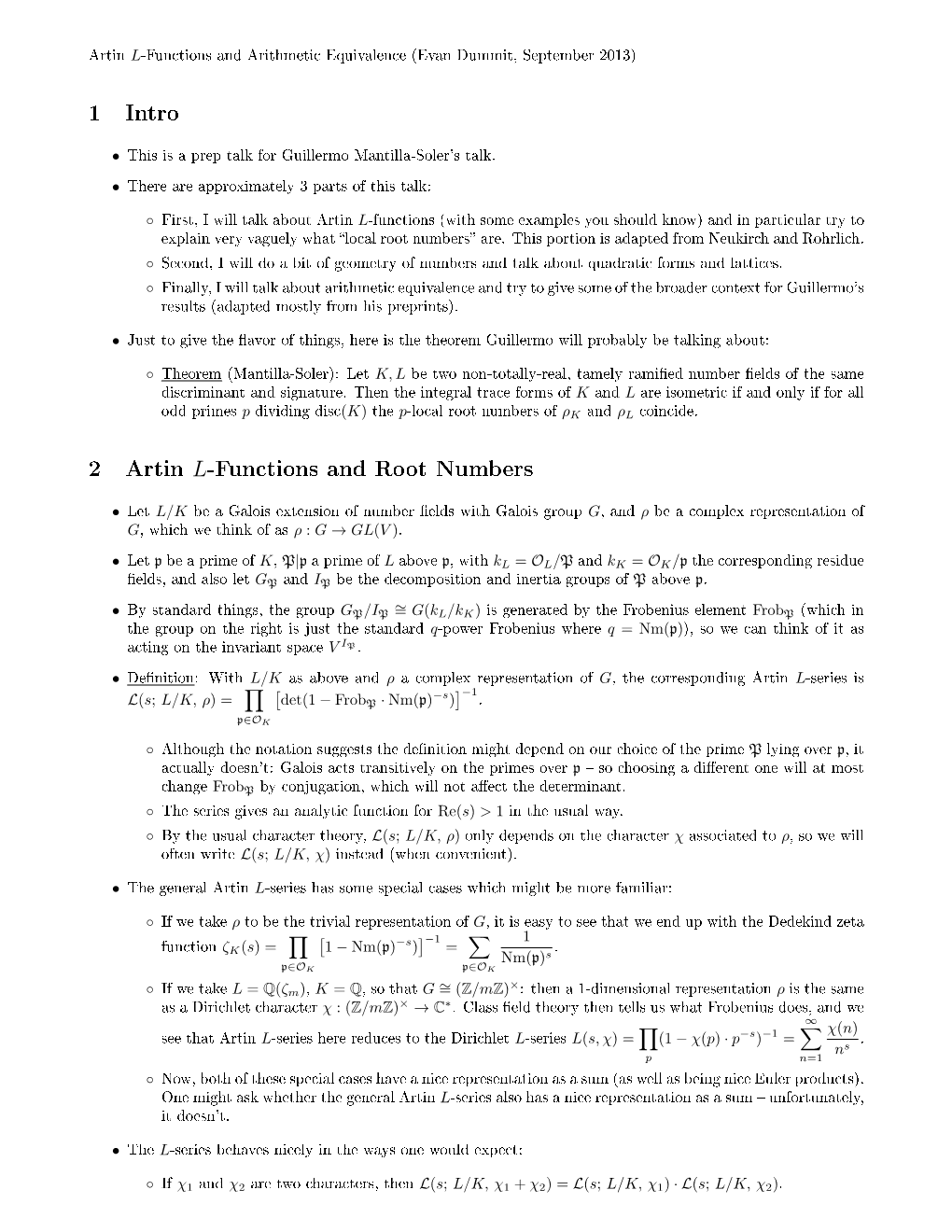 Artin L-Functions and Arithmetic Equivalence (Evan Dummit, September 2013)