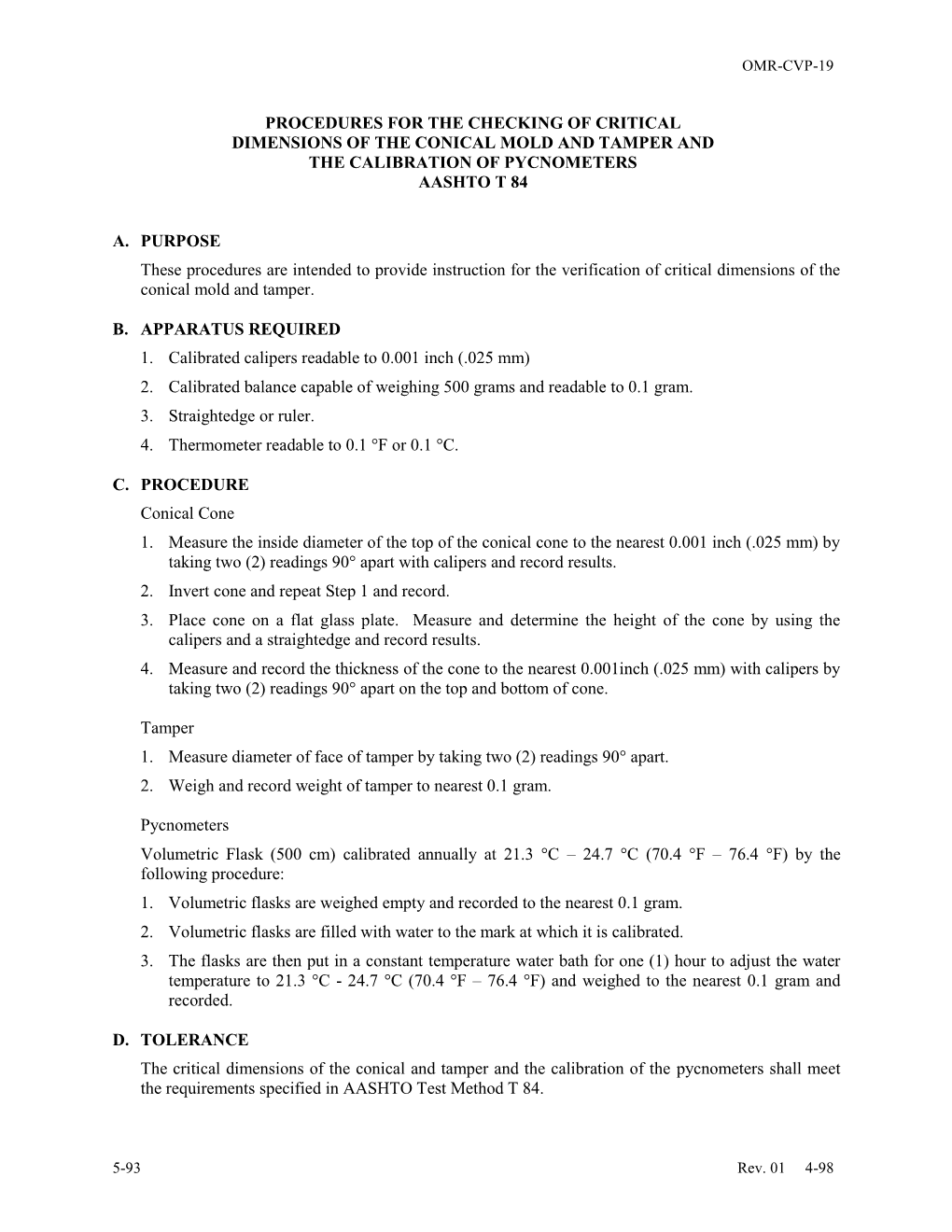 CVP-19: Procedures for the Checking of Critical Dimensions of The