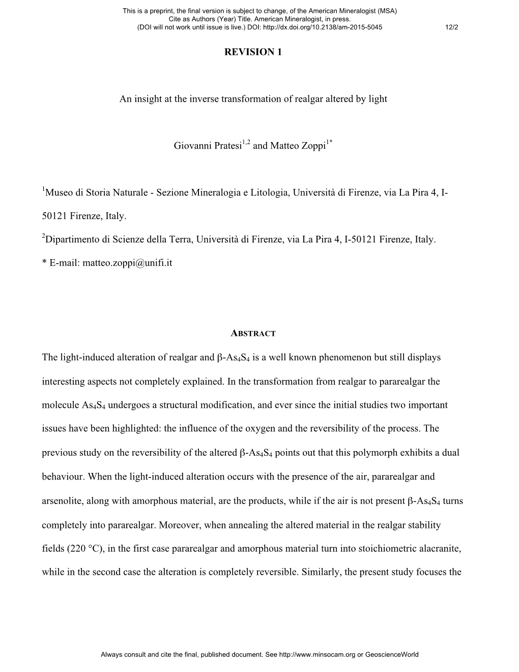 REVISION 1 an Insight at the Inverse Transformation of Realgar Altered By