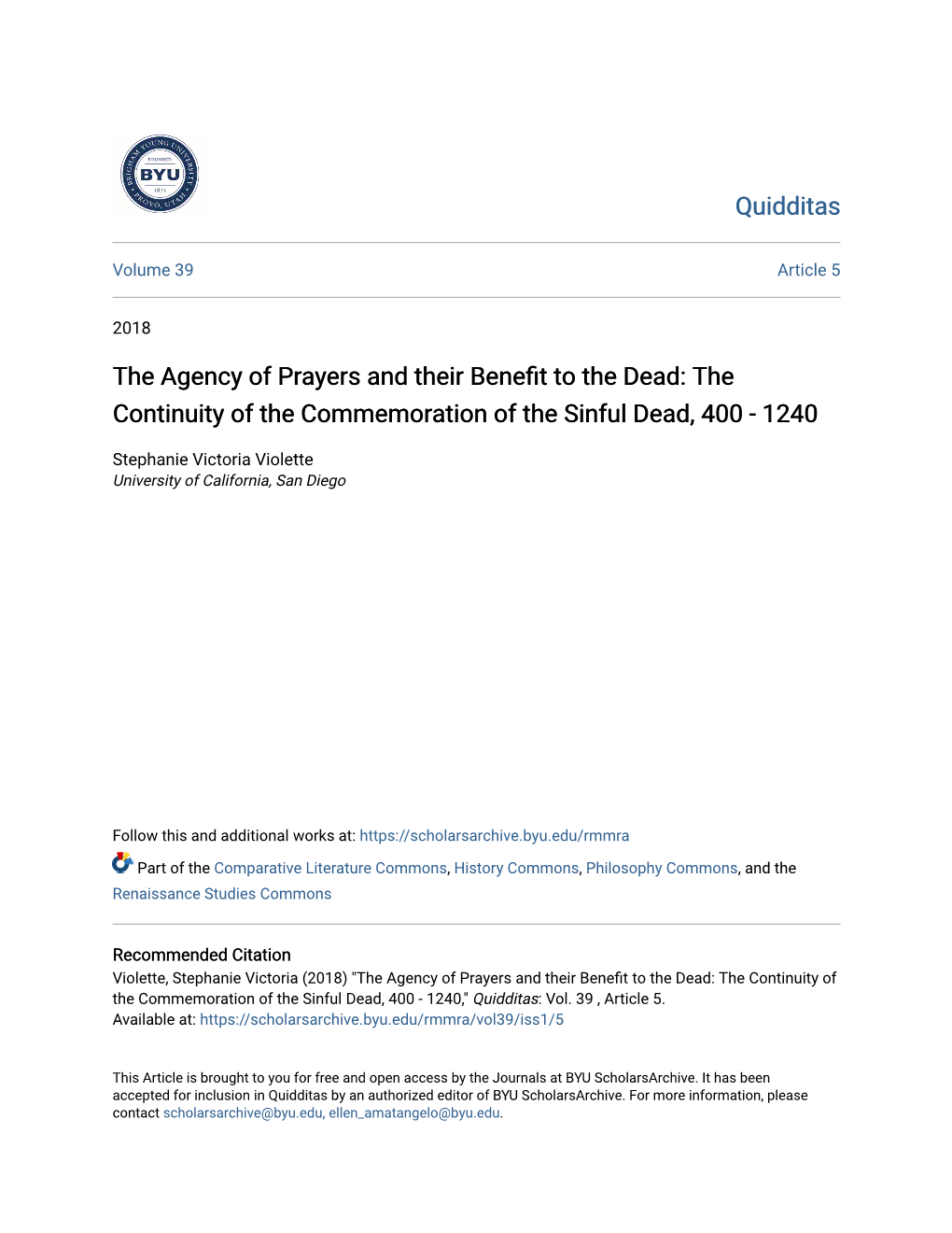 The Agency of Prayers and Their Benefit to the Dead: the Continuity of the Commemoration of the Sinful Dead, 400 - 1240