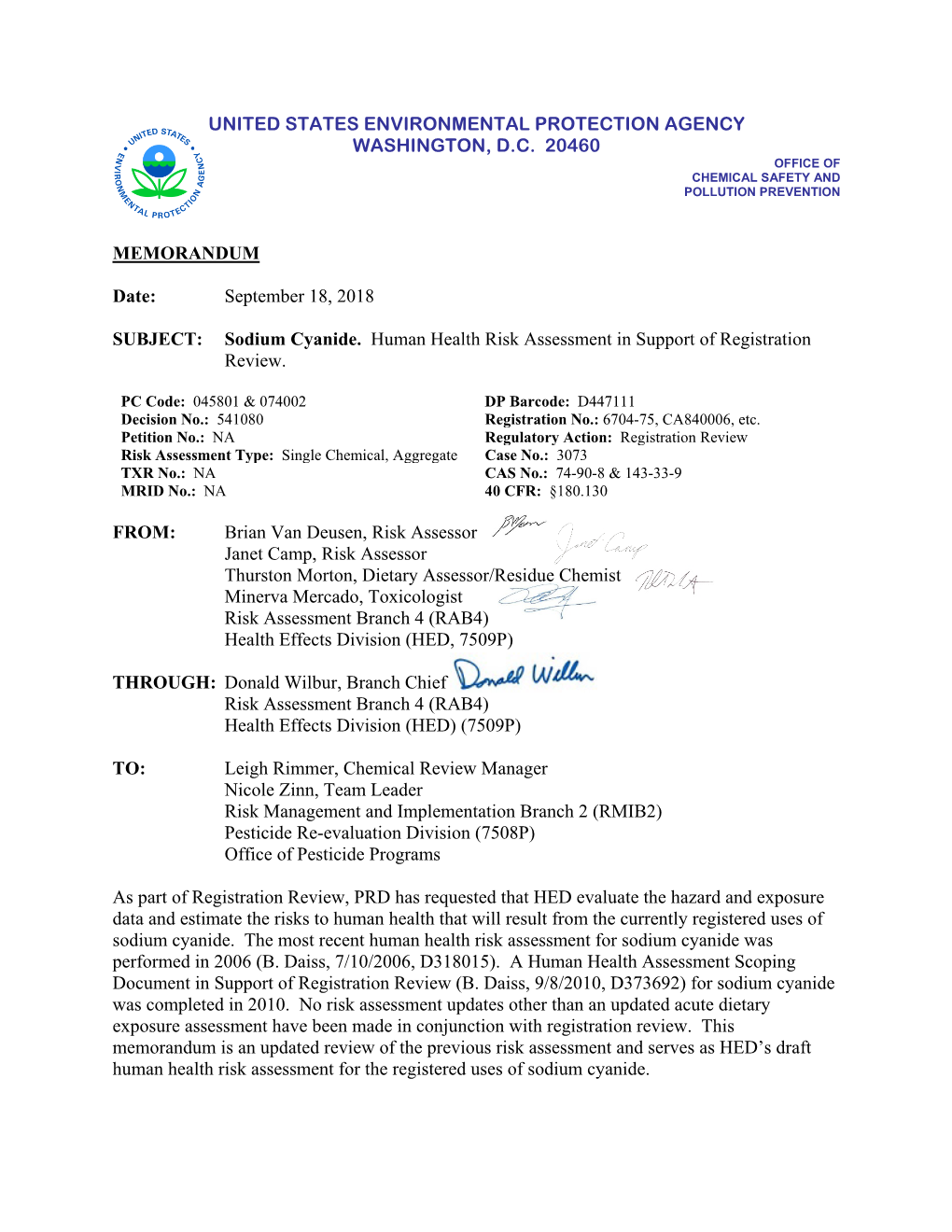 Sodium Cyanide. Human Health Risk Assessment in Support of Registration Review