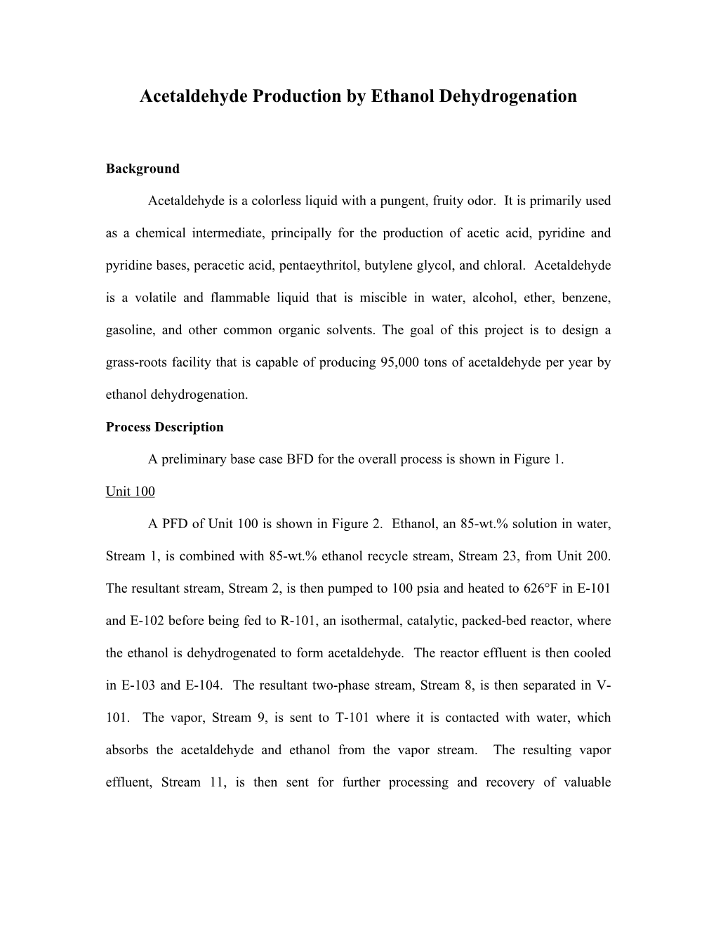 Acetaldehyde Production by Ethanol Dehydrogenation