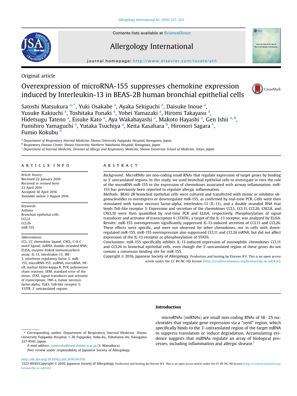 Overexpression of Microrna-155 Suppresses Chemokine Expression Induced by Interleukin-13 in BEAS-2B Human Bronchial Epithelial Cells