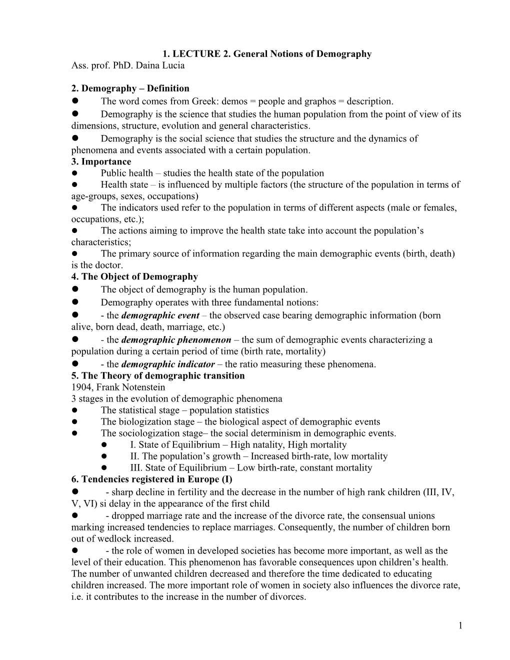 1. LECTURE 2. General Notions of Demography