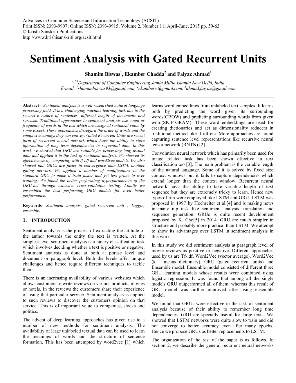 Sentiment Analysis with Gated Recurrent Units