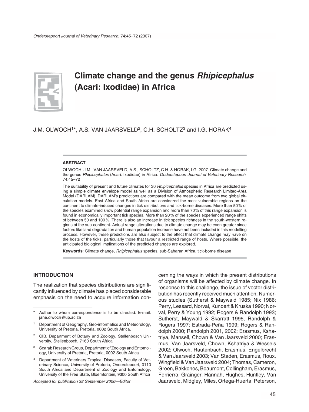 Climate Change and the Genus Rhipicephalus (Acari: Ixodidae) in Africa