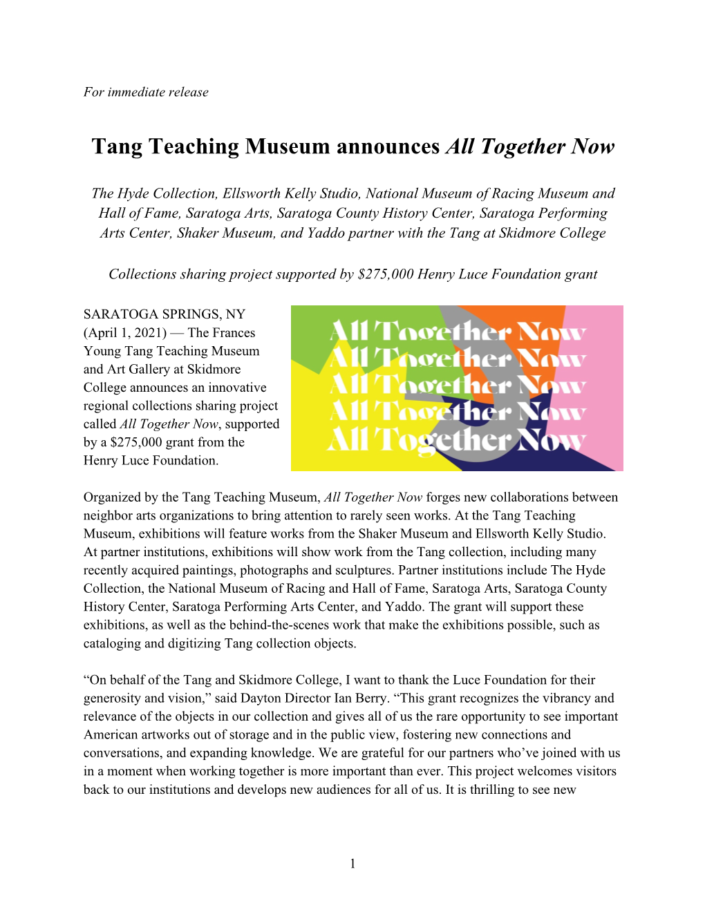 Tang Teaching Museum Announces All Together Now