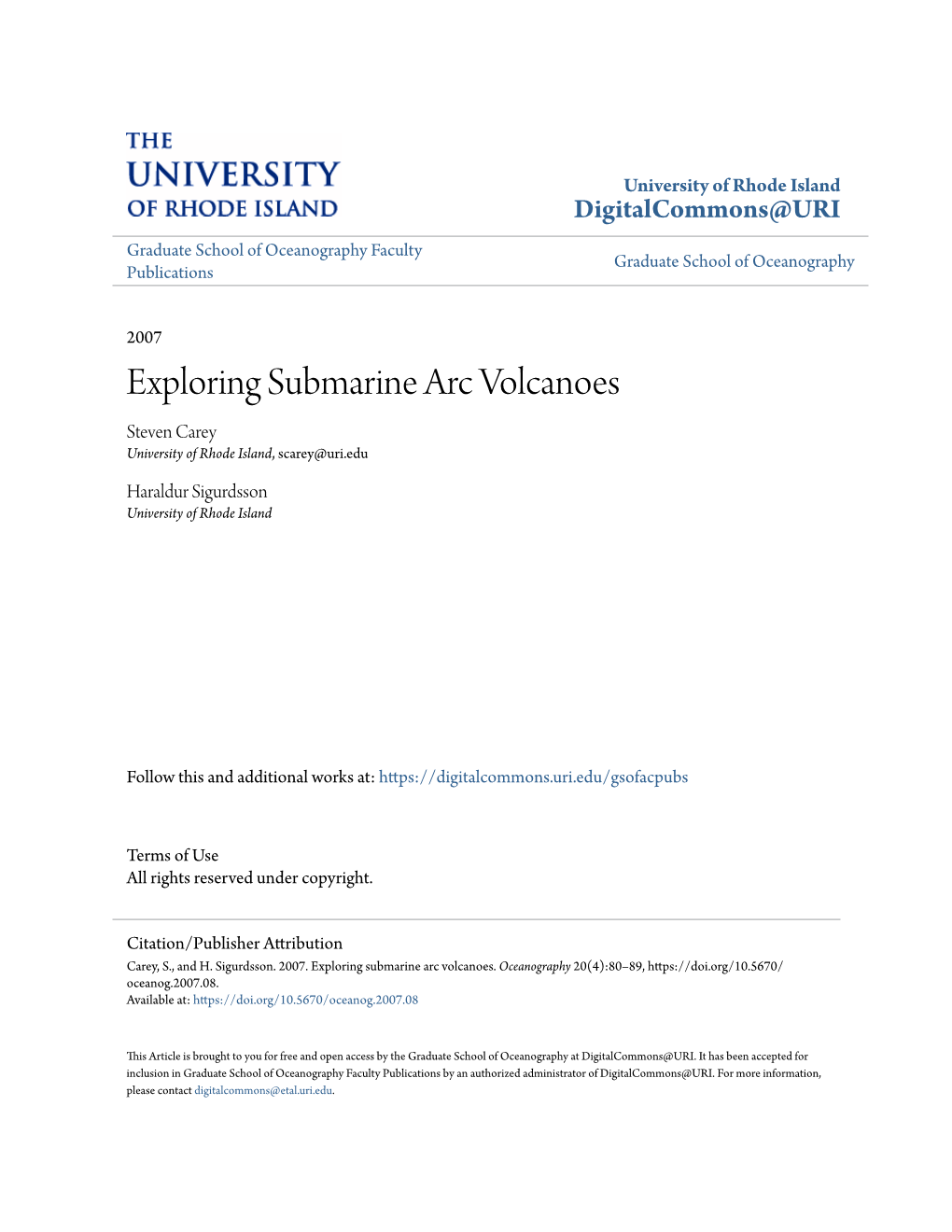 Exploring Submarine Arc Volcanoes Steven Carey University of Rhode Island, Scarey@Uri.Edu