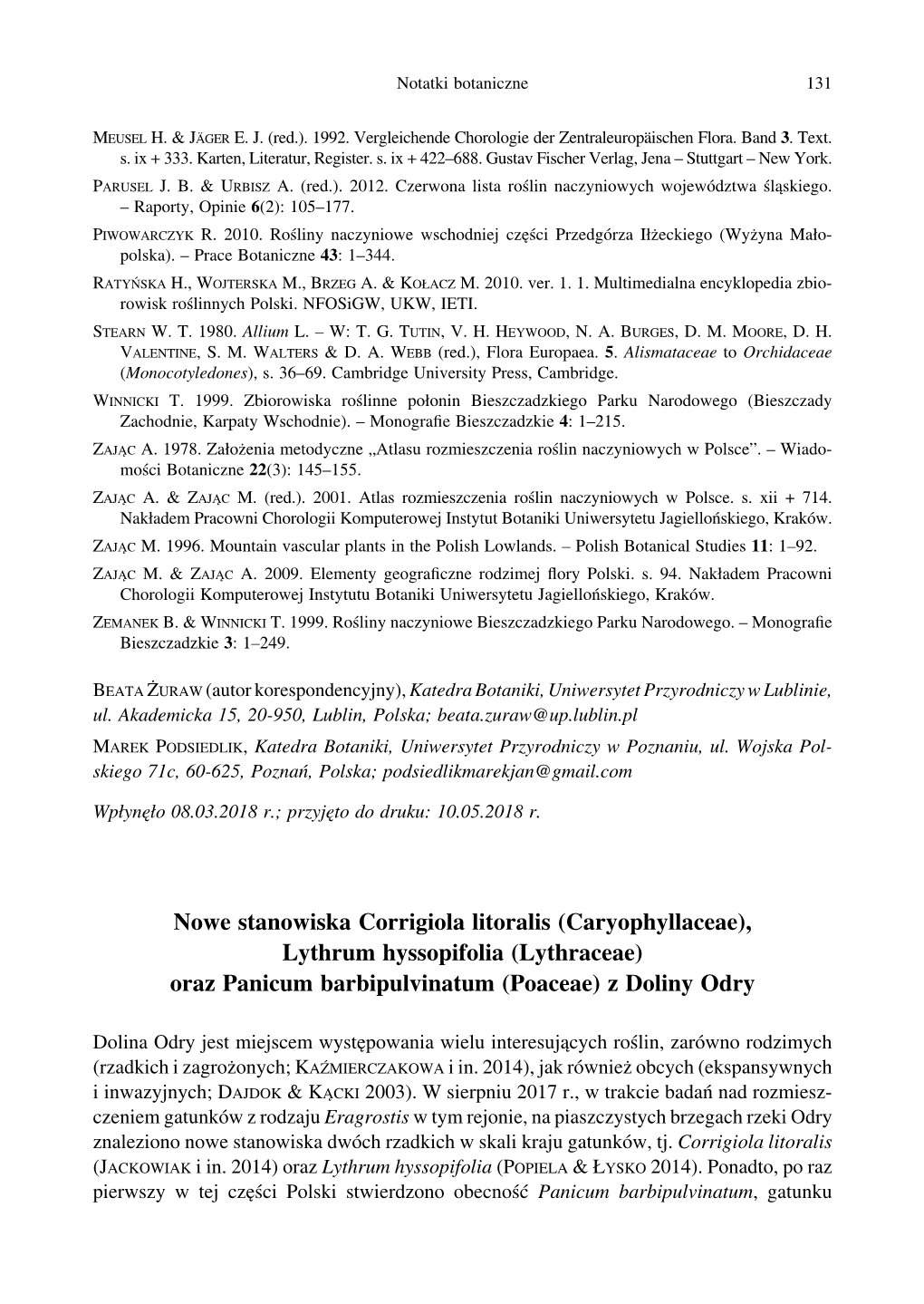 Nowe Stanowiska Corrigiola Litoralis (Caryophyllaceae), Lythrum Hyssopifolia (Lythraceae) Oraz Panicum Barbipulvinatum (Poaceae) Z Doliny Odry