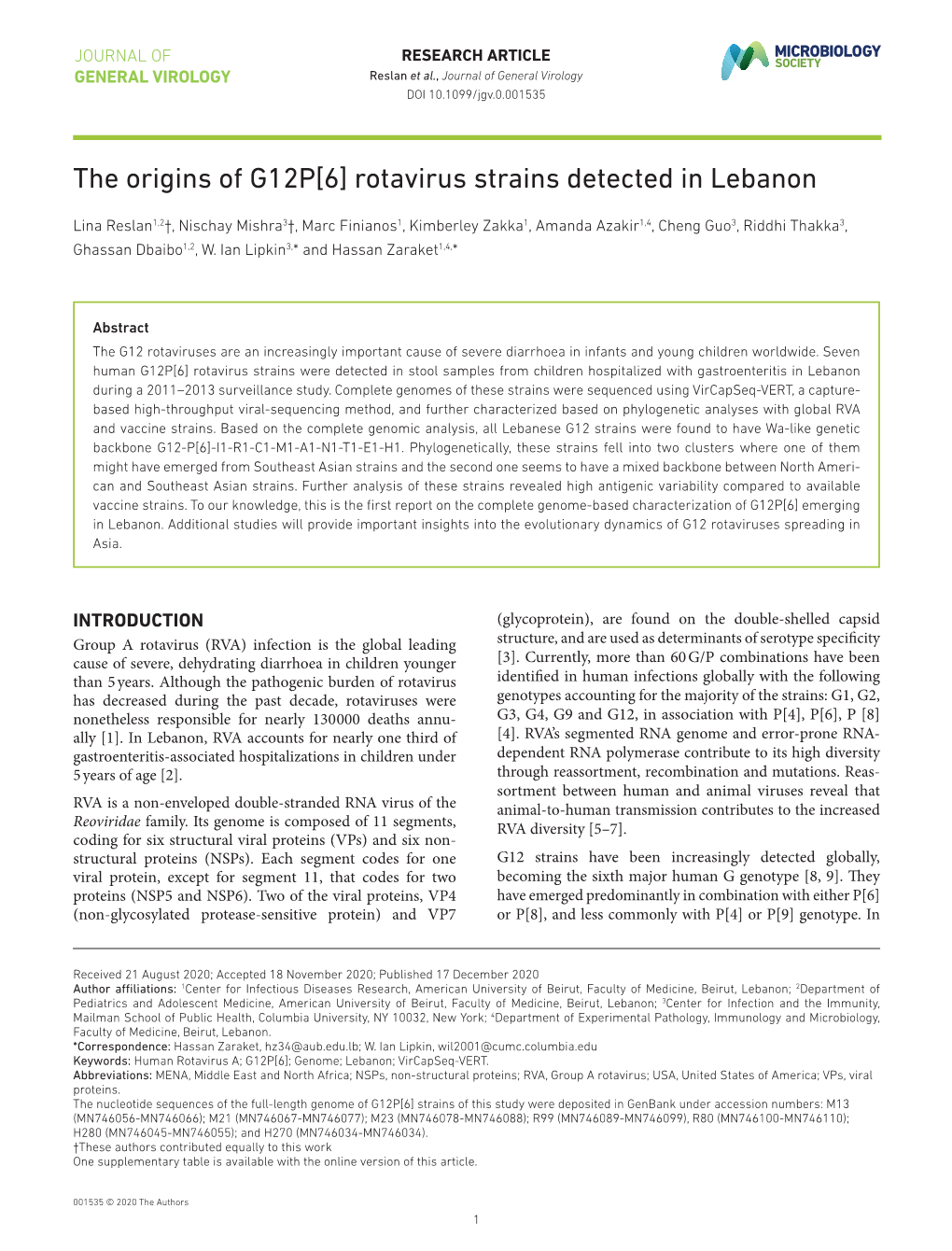 The Origins of G12P[6] Rotavirus Strains Detected in Lebanon