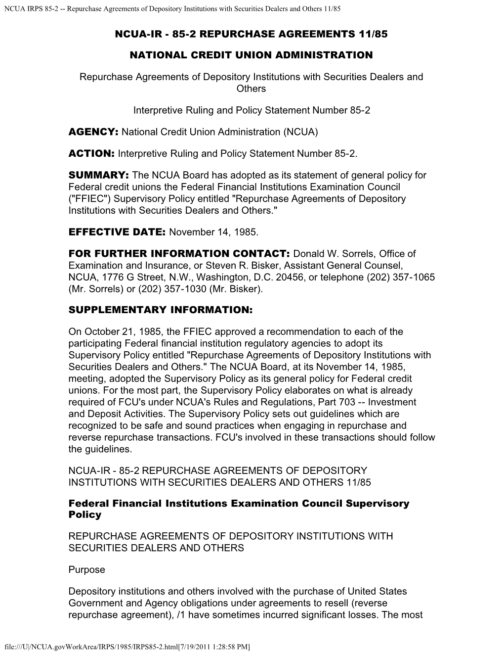 NCUA IRPS 85-2 -- Repurchase Agreements of Depository Institutions with Securities Dealers and Others 11/85