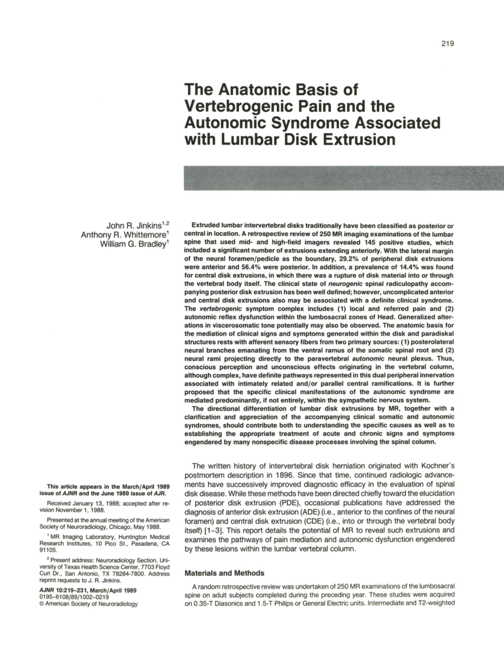 The Anatomic Basis of Vertebrogenic Pain and the Autonomic Syndrome Associated with Lumbar Disk Extrusion