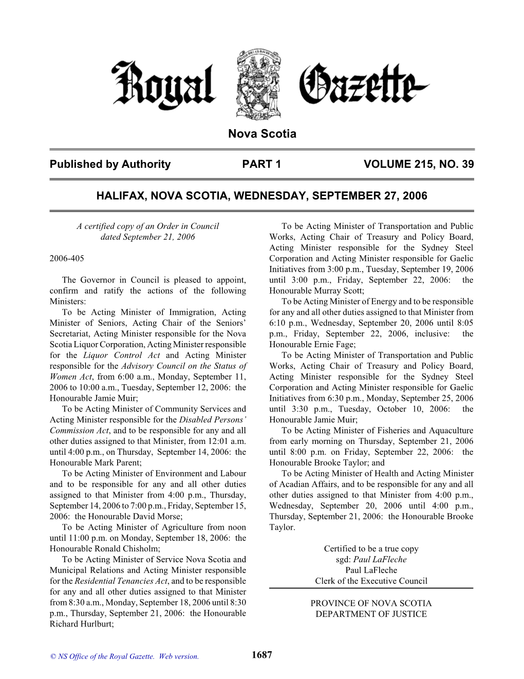 NS Royal Gazette Part I