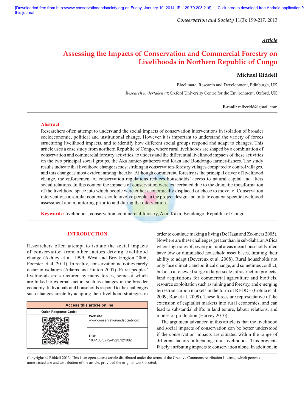 Assessing the Impacts of Conservation and Commercial Forestry on Livelihoods in Northern Republic of Congo