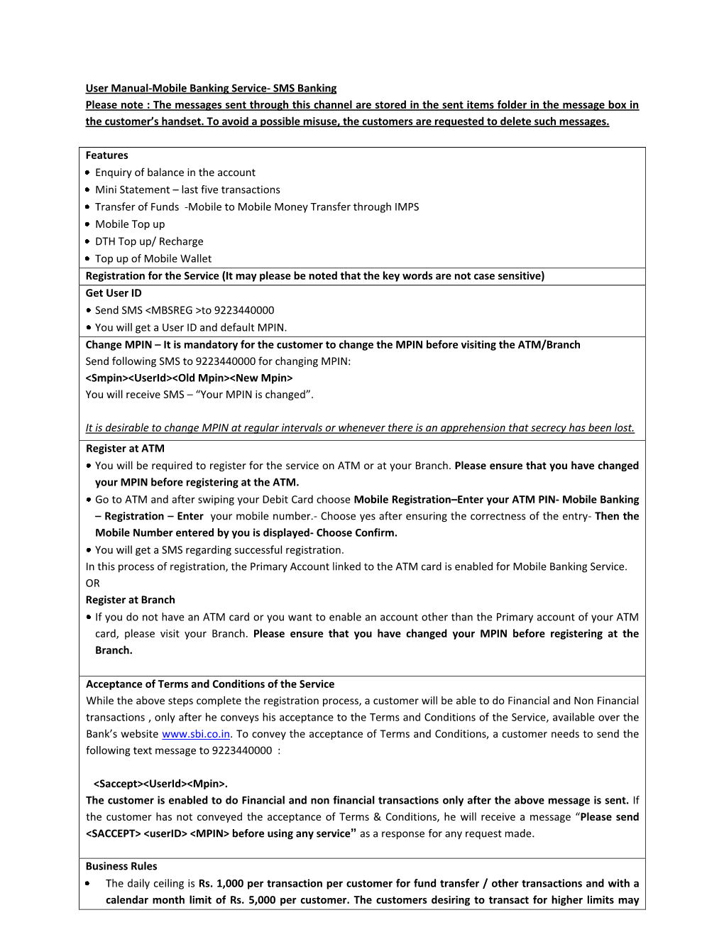 User Manual-Mobile Banking Service- SMS Banking Please Note