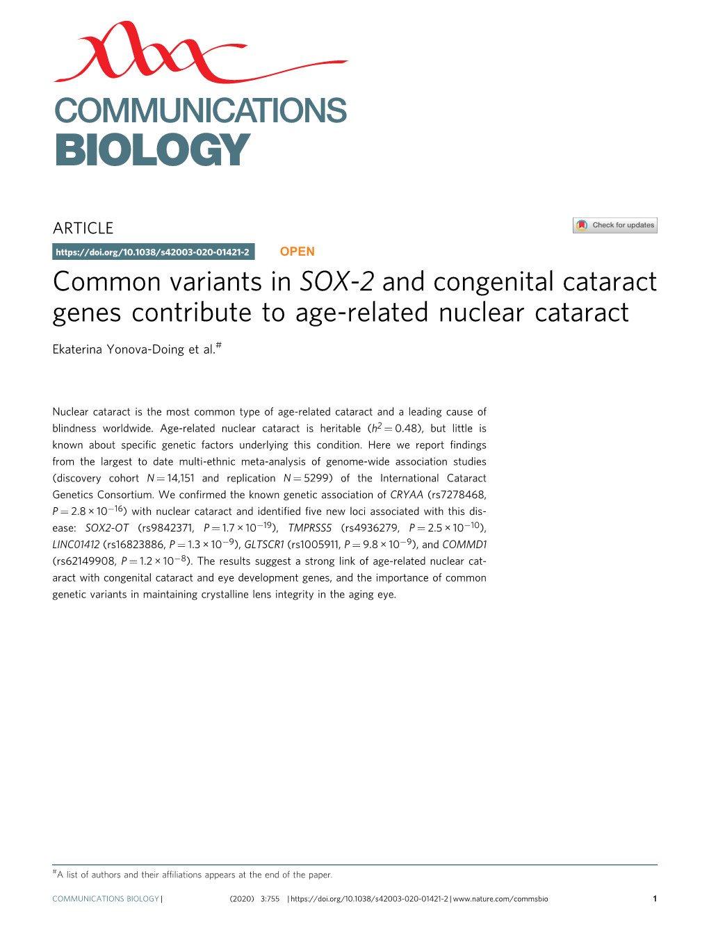 Common Variants in SOX-2 and Congenital Cataract Genes Contribute to Age-Related Nuclear Cataract