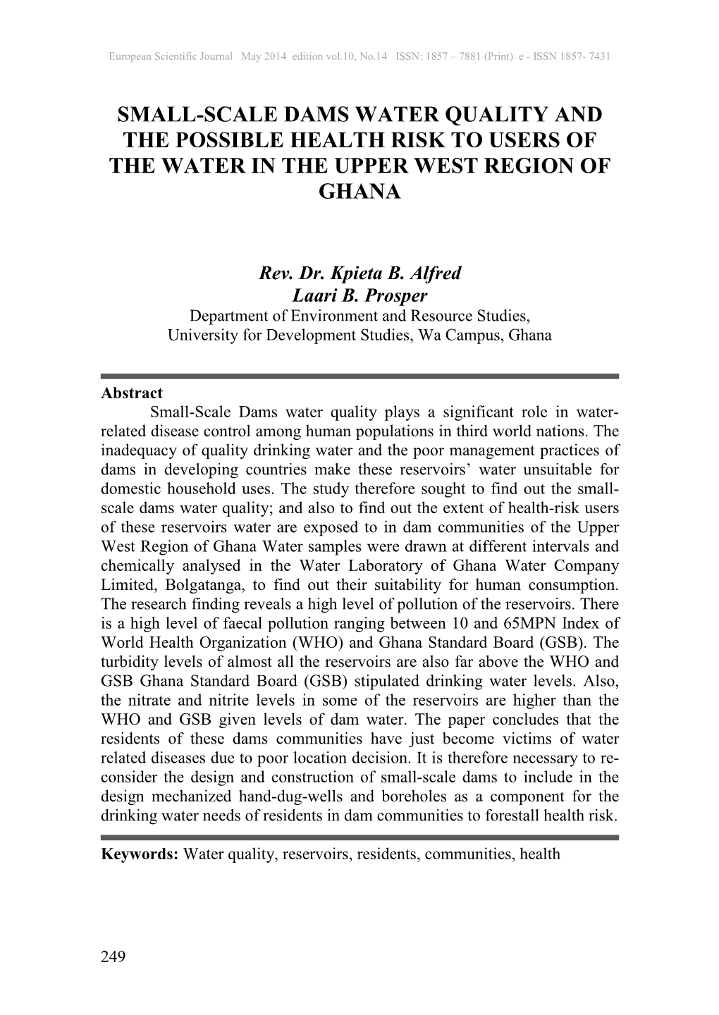 Small-Scale Dams Water Quality and the Possible Health Risk to Users of the Water in the Upper West Region of Ghana