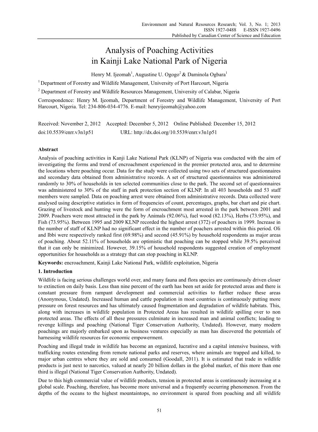 Analysis of Poaching Activities in Kainji Lake National Park of Nigeria